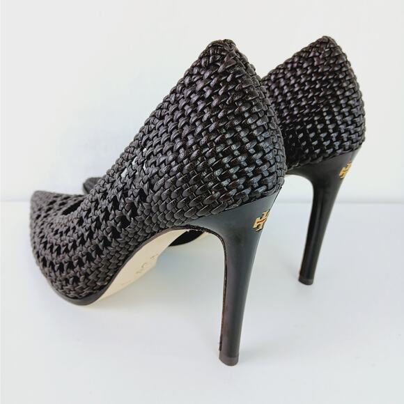 Tory Burch SZ 7.5M 100mm Woven Leather Stiletto Pumps Chocolate Brown $549 - Picture 5 of 9